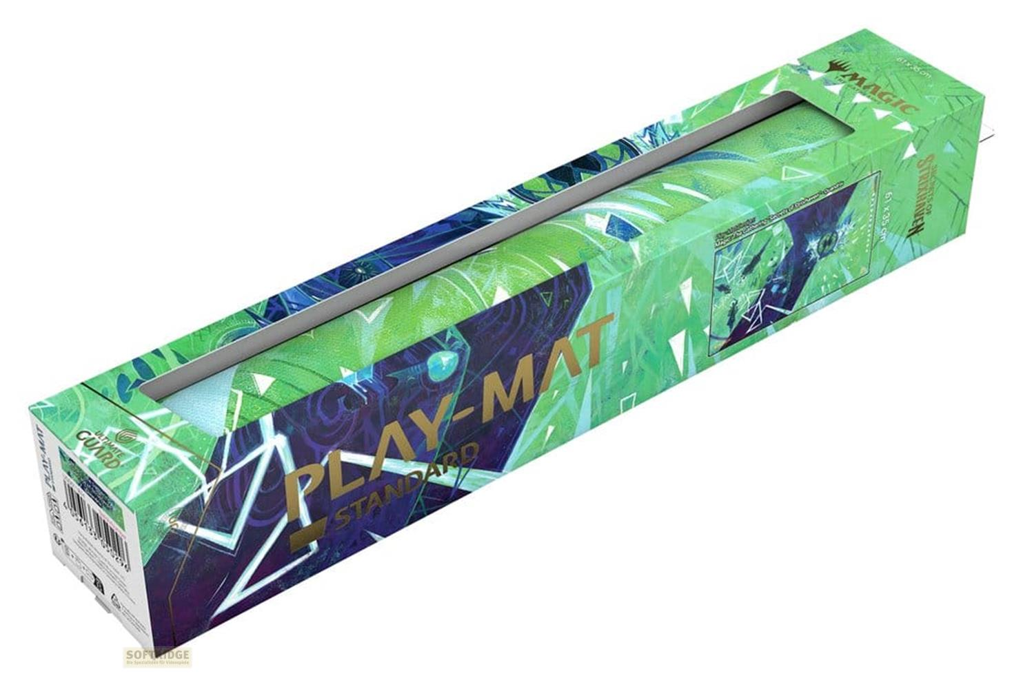 Emballage de tapis de jeu avec des motifs géométriques abstraits verts et bleus.