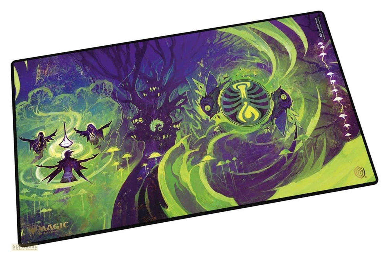 Eine Magic the Gathering Spielmatte mit lila Bäumen, grünen Wirbeln und schattenhaften Gestalten.