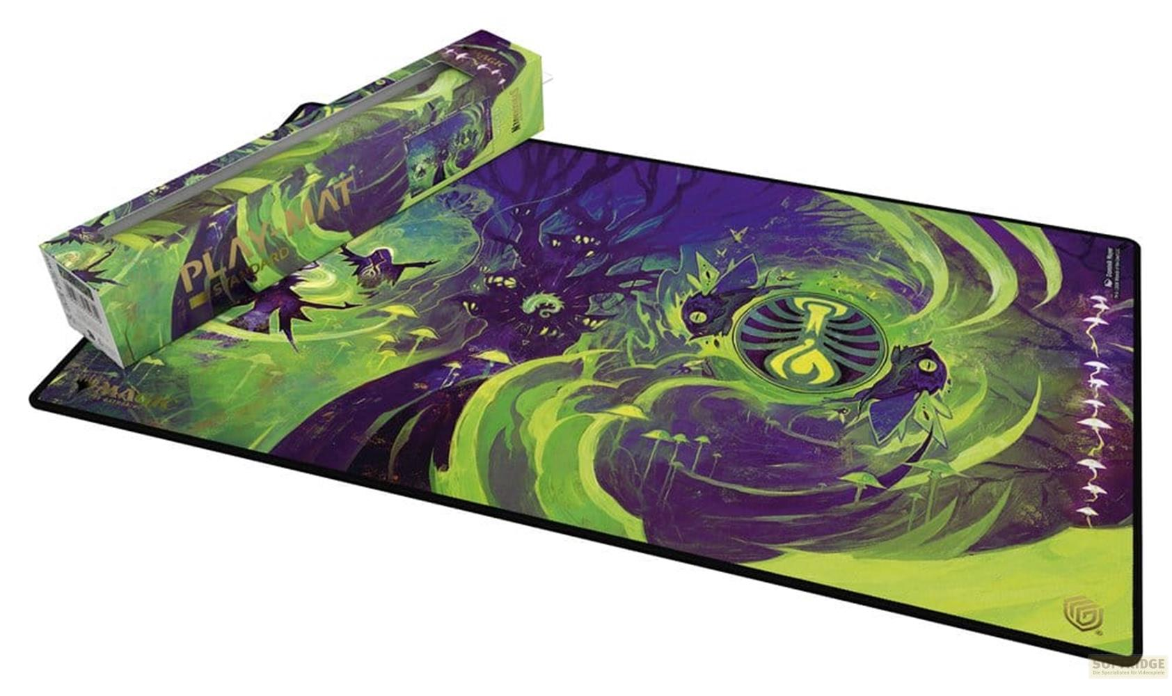 Spielmatte mit lila und grünen Fantasy-Motiven, mit Drachen und Pilzen.