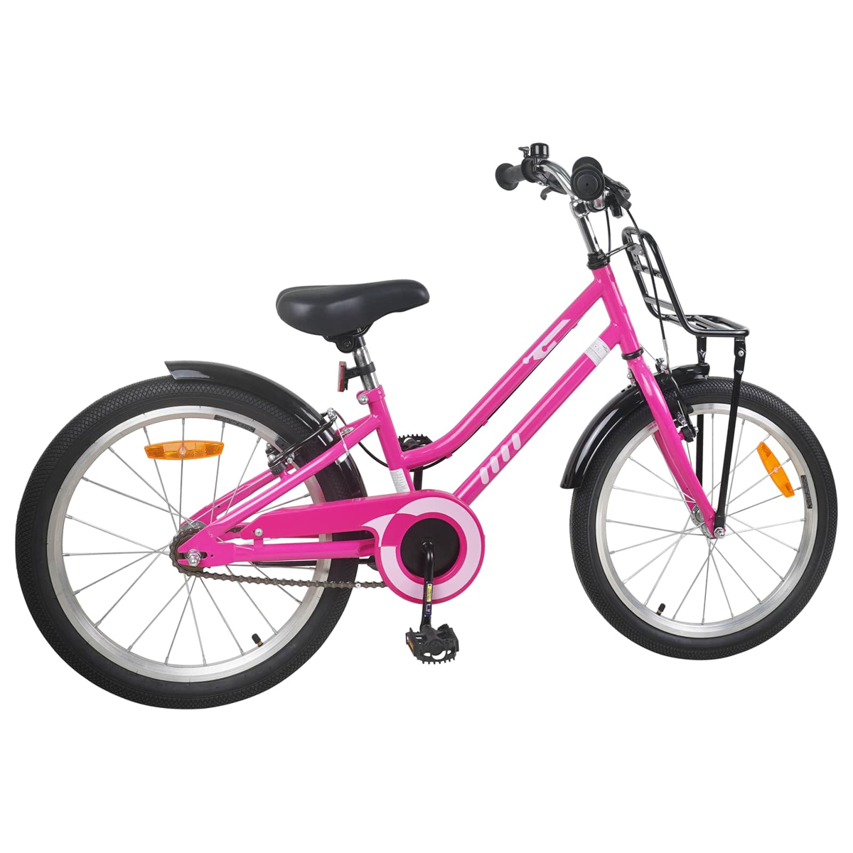 Ein rosa Kinderfahrrad mit schwarzem Sattel, Korb und Schutzblechen.