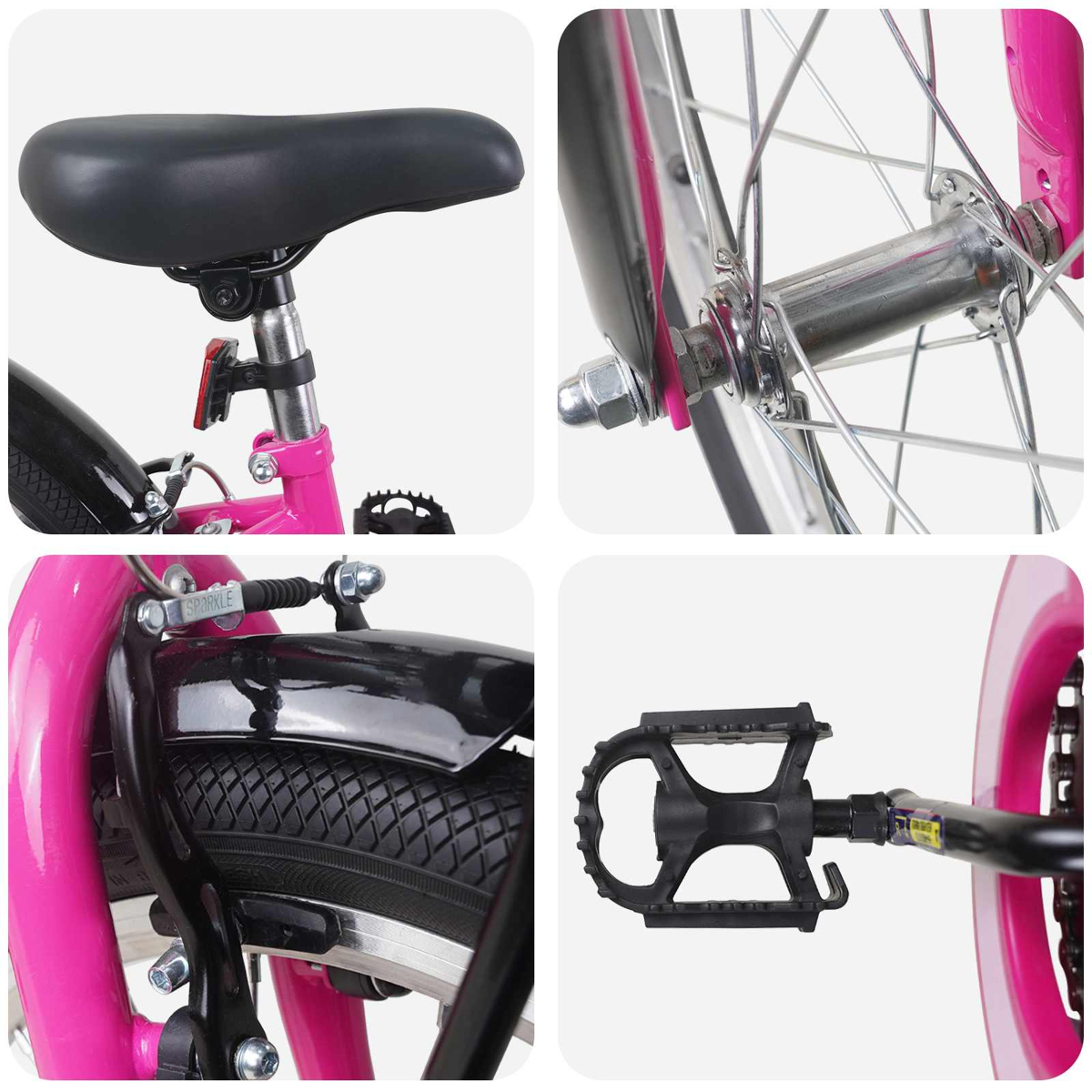 Detailaufnahmen eines pinken Fahrrads: Sattel, Vorderradnabe, Bremse und Pedal.