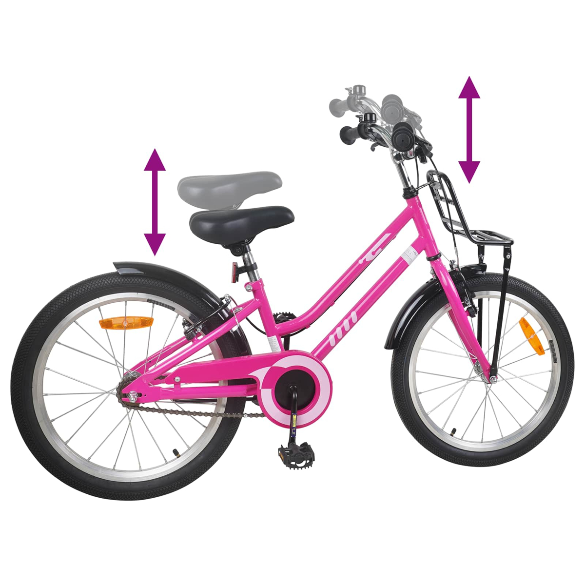 Pinkes Fahrrad mit verstellbarem Sattel und Lenker, Vorder- und Hinterradschutzblechen.