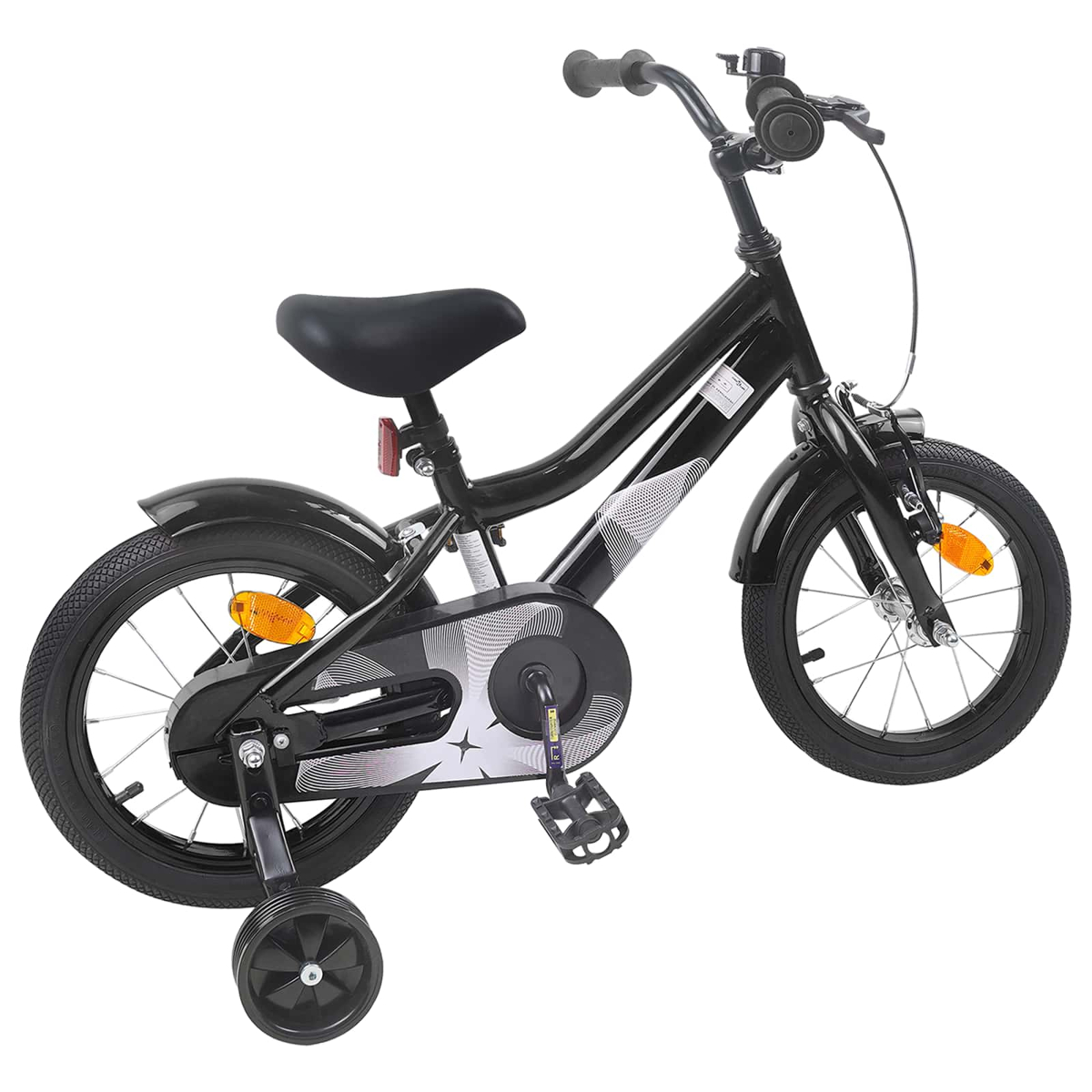 Ein schwarzes Kinderfahrrad mit Stützrädern, weißem Muster und Reflektoren.