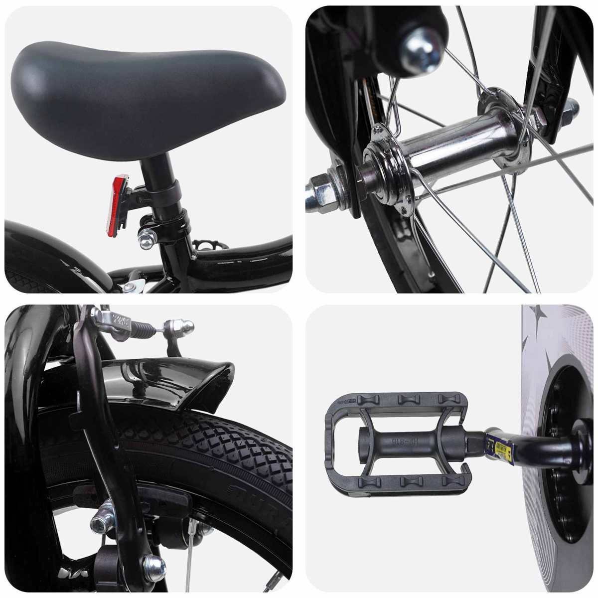 Nahaufnahmen eines schwarzen Fahrrads: Sattel mit Rücklicht, Vorderradnabe, Vorderradbremse und Pedal.