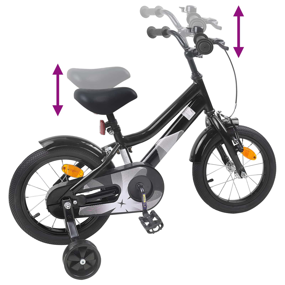 Schwarzes Kinderfahrrad mit Stützrädern, verstellbarem Sattel und Lenker.