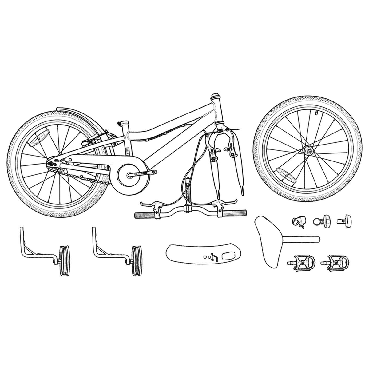 Eine Fahrradzeichnung mit Rahmen, Rädern, Lenker, Sattel und Pedalen.