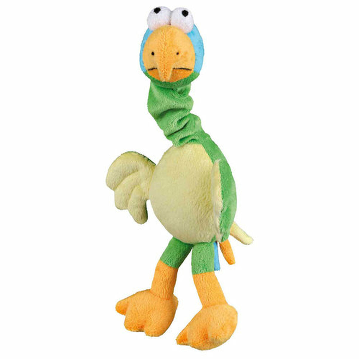 Ein bunter Stoffvogel mit verdrehtem Hals und großen Augen.