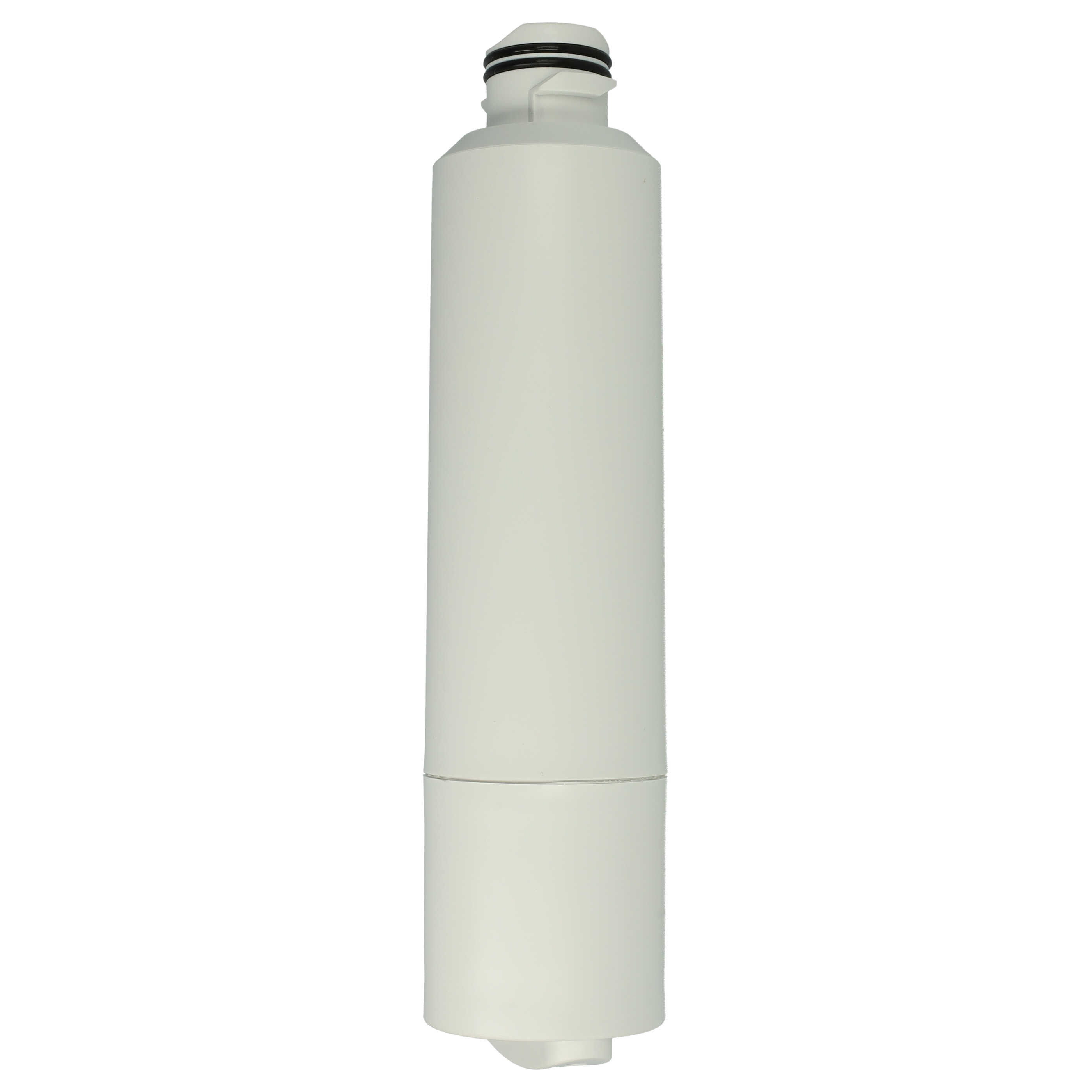 Ein weißer Wasserfilter mit schwarzem Ring oben und einem schmalen unteren Teil.