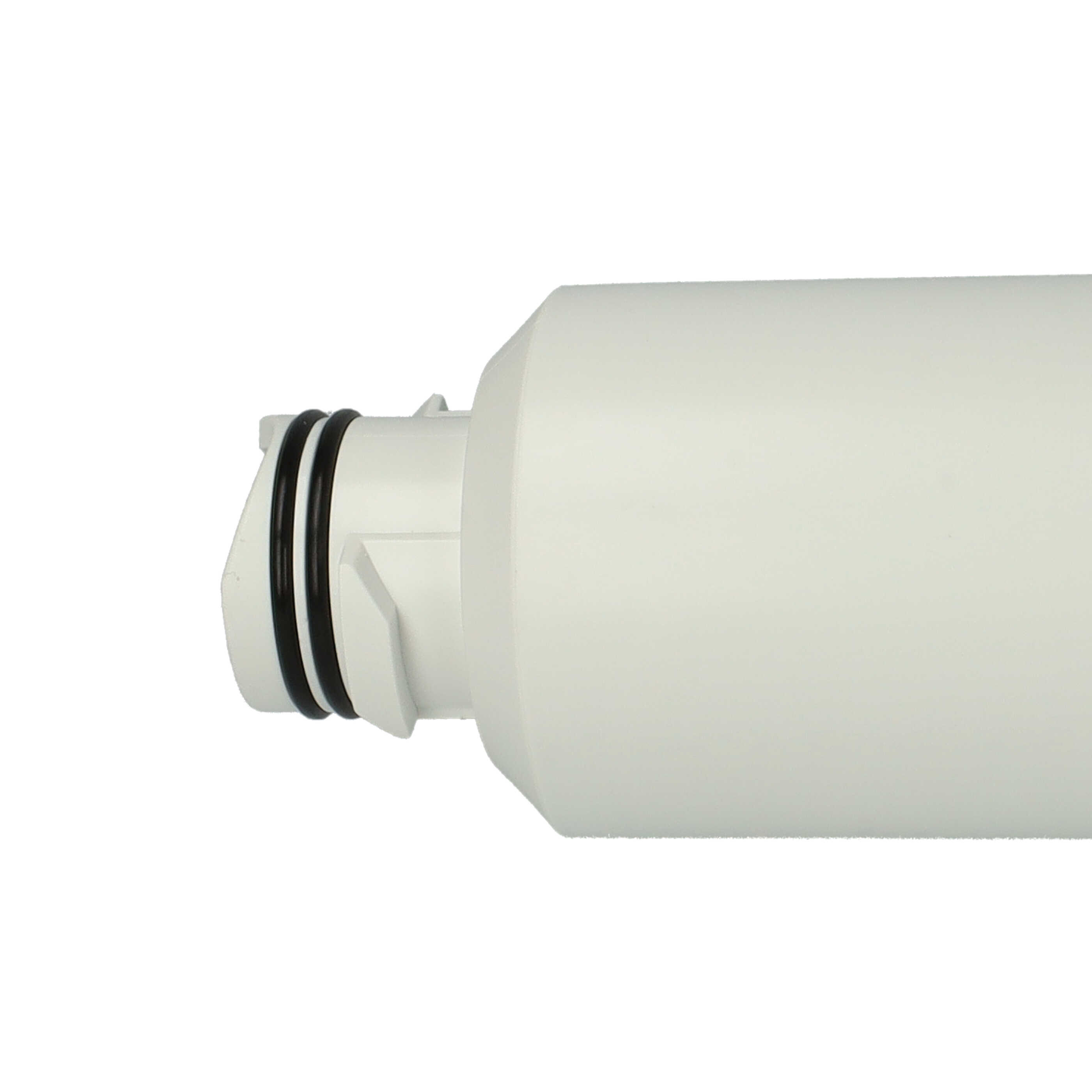 Ein weißer Wasserfilter mit zwei schwarzen Dichtungsringen am linken Ende.