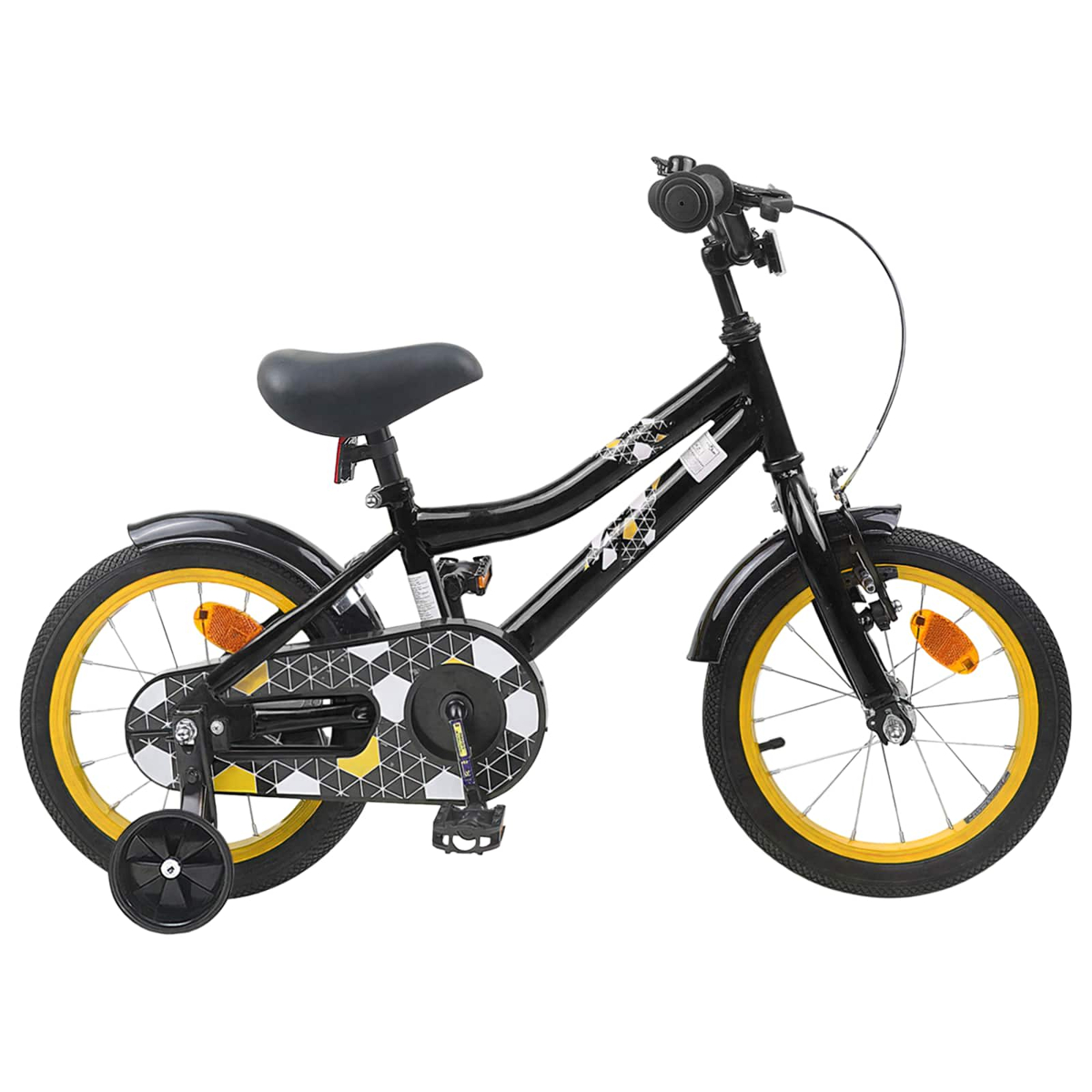 Ein schwarzes Kinderfahrrad mit gelben Felgen und Stützrädern.