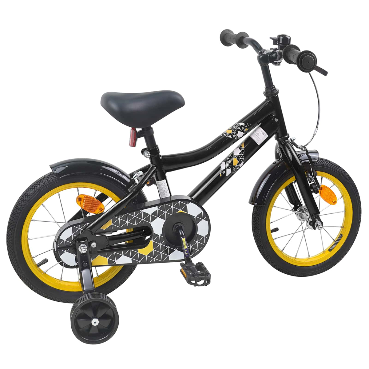 Ein schwarzes Kinderfahrrad mit gelben Felgen und Stützrädern.
