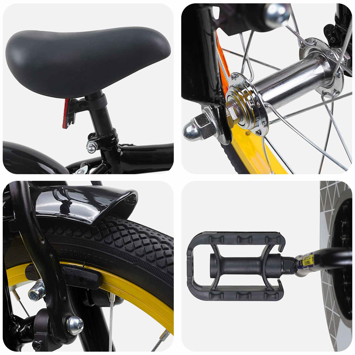 Vier Nahaufnahmen eines Fahrrads: Sattel, Vorderradnabe, Vorderreifen und Bremse, Pedal.