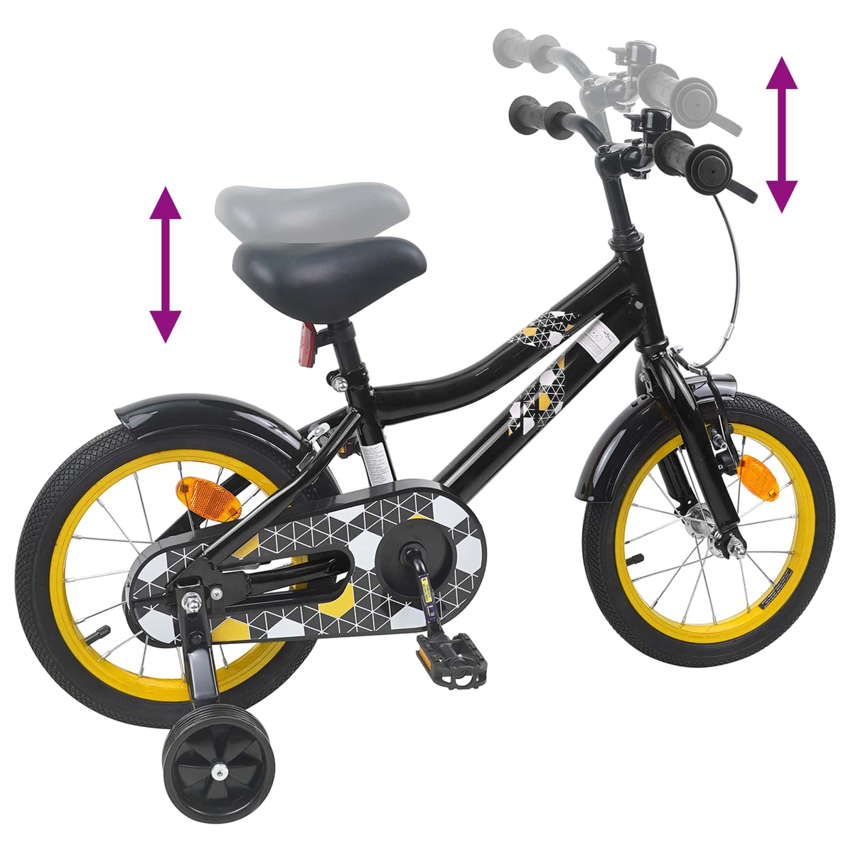 Ein schwarzes Kinderfahrrad mit gelben Felgen, Stützrädern und Höhenverstellung.