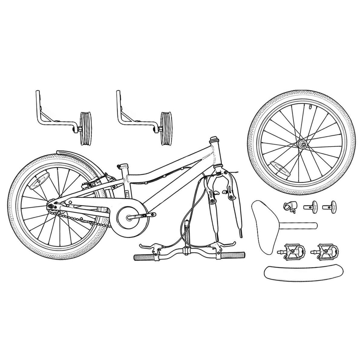 Zerlegte Kinderfahrradteile: Rahmen, Räder, Pedale, Sattel, Stützräder.
