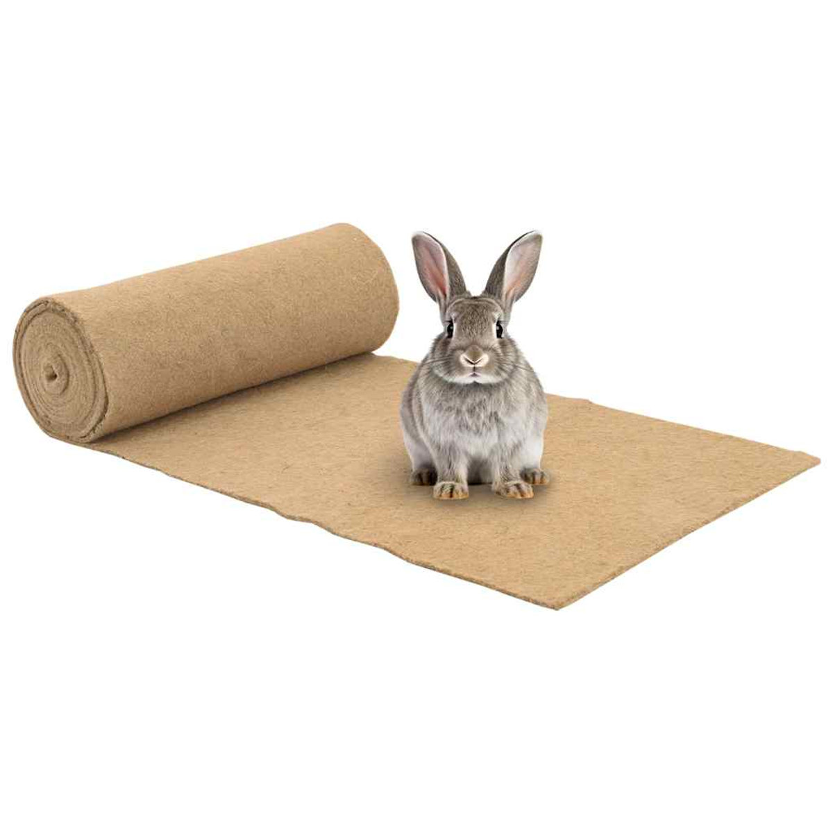 Ein Hase sitzt auf einer Rolle braunen Teppichs.