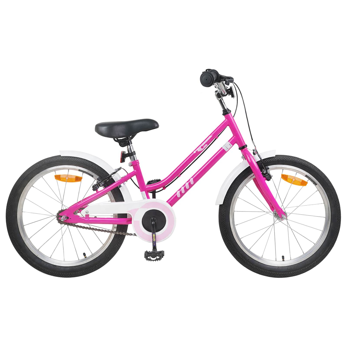 Ein leuchtend pinkes Fahrrad mit weißen Schutzblechen und schwarzen Reifen ist vor weißem Hintergrund zu sehen.