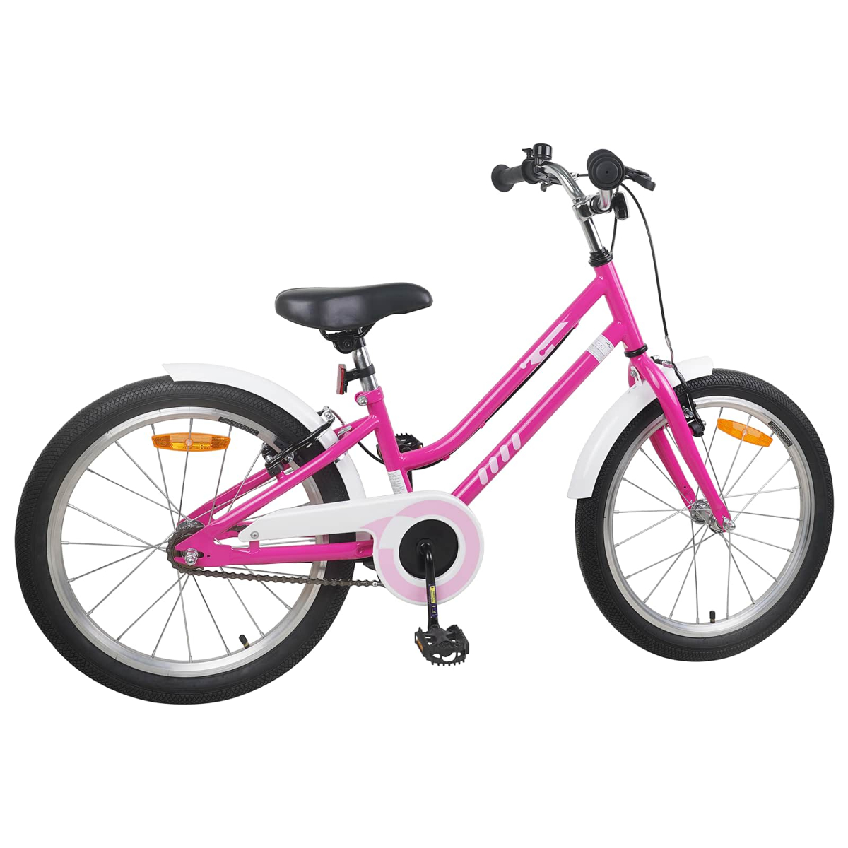 Ein pinkes Kinderfahrrad mit weißen Schutzblechen und schwarzen Reifen.