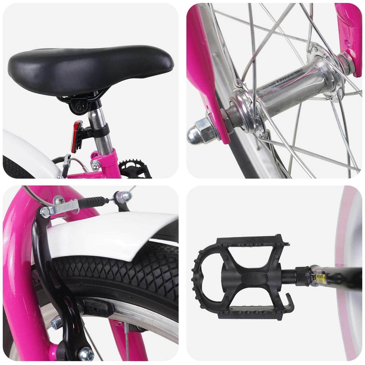 Nahaufnahme eines rosa Kinderfahrrads mit Sattel, Radnabe, Bremse und Pedal.