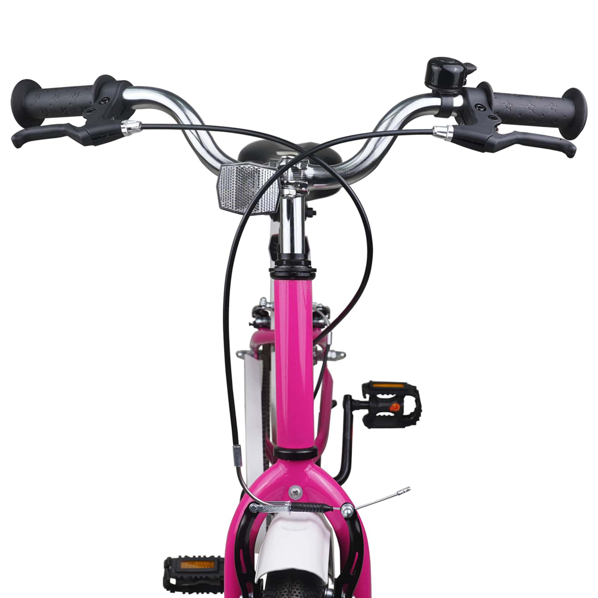 Vorderansicht eines pinken Fahrrads mit Lenker, Klingel, Bremsen und Pedalen.