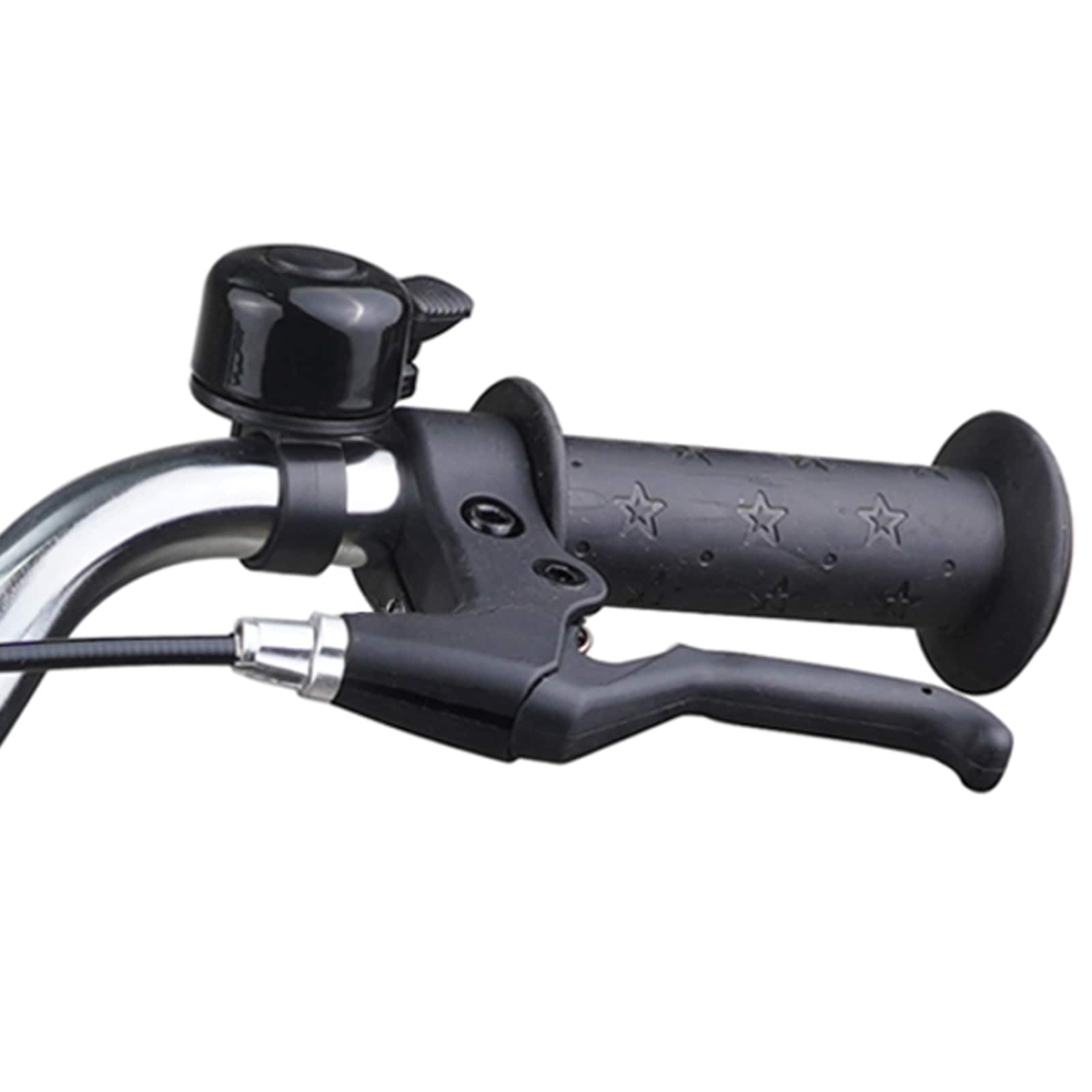 Schwarzer Fahrradlenker mit Klingel und Bremse.