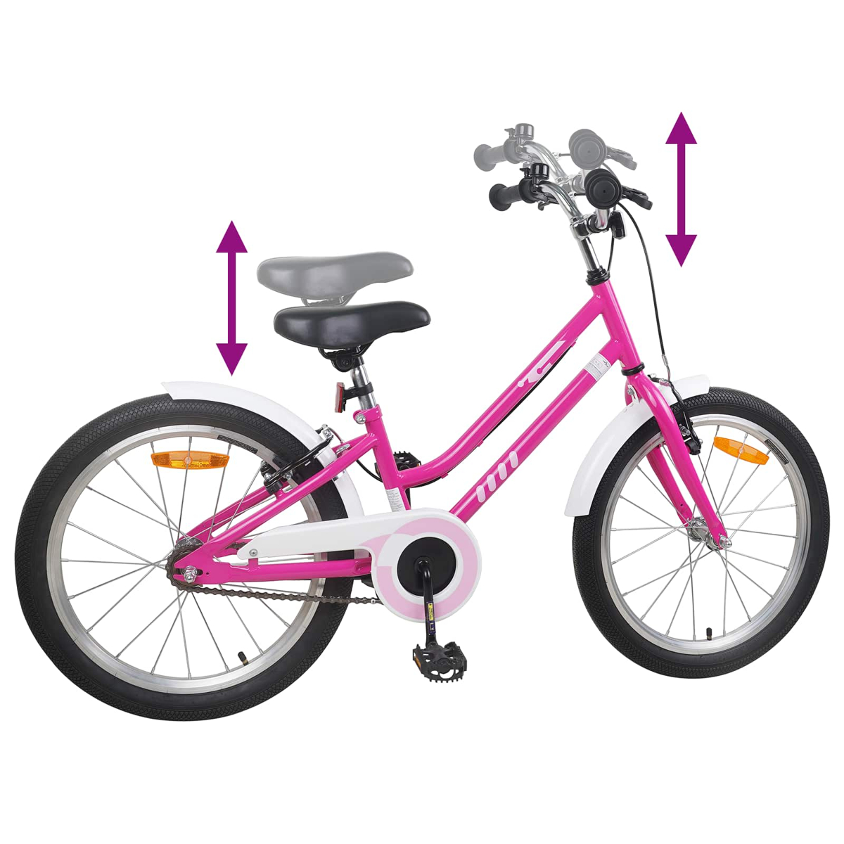 Ein pinkes Kinderfahrrad mit weißen Schutzblechen und Pfeilen, die Höhenverstellung anzeigen.
