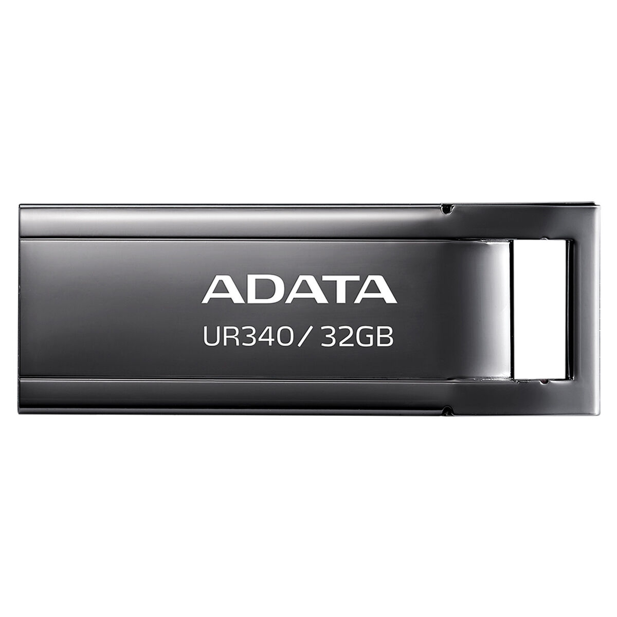 Ein dunkler ADATA UR340 32GB USB-Stick mit silbernem Schriftzug.