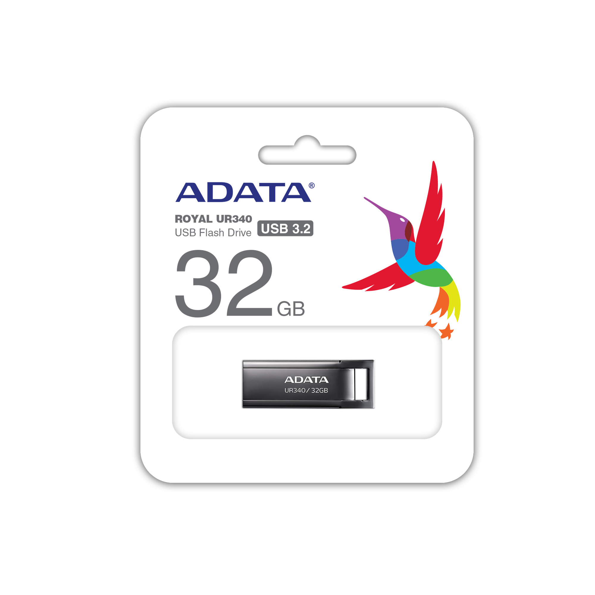 Verpackung eines ADATA 32GB USB 3.2 Flash Drives mit Kolibri-Logo.