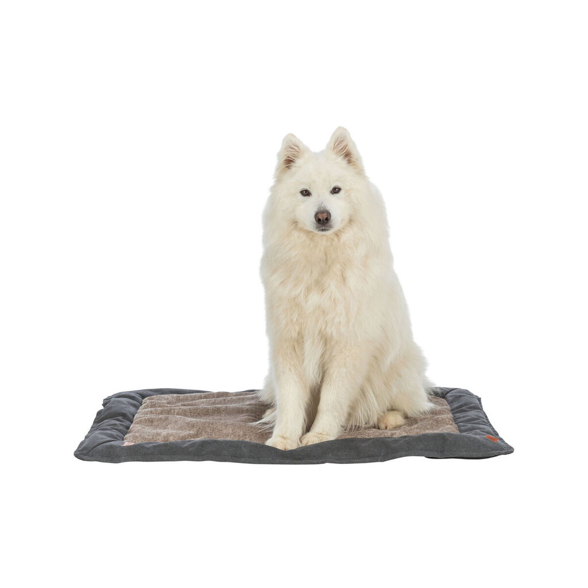 Ein weißer Samojede sitzt auf einer braunen und grauen Hundematte.
