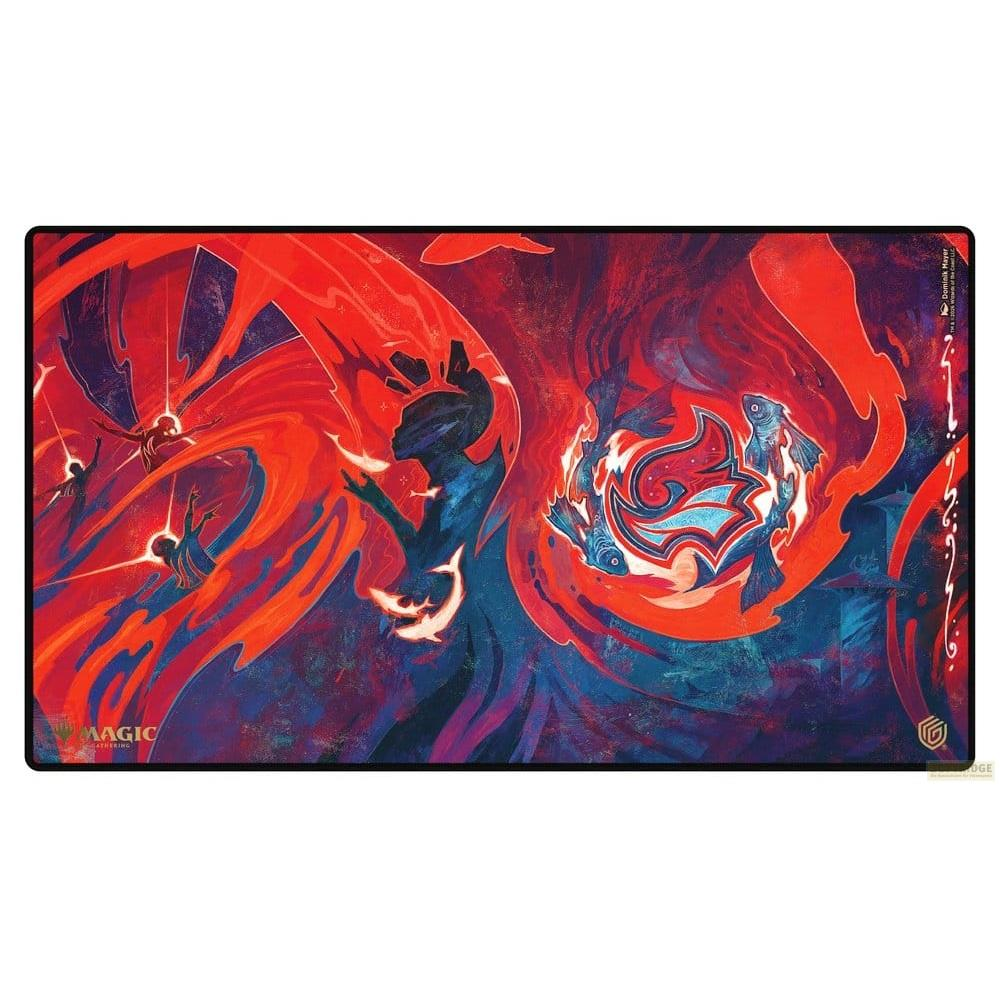 Abstrakte Kunst mit roten und blauen Wirbeln, Fischen und menschlichen Silhouetten.
