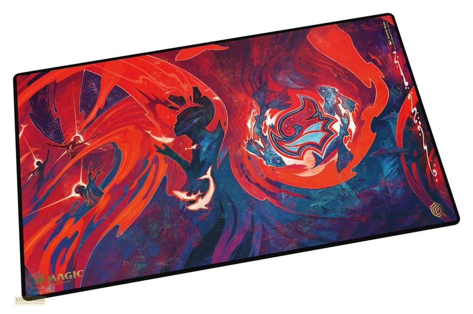 Abstrakte Kunst in Rot und Blau mit Figuren, Fischen und Magic The Gathering Logo.