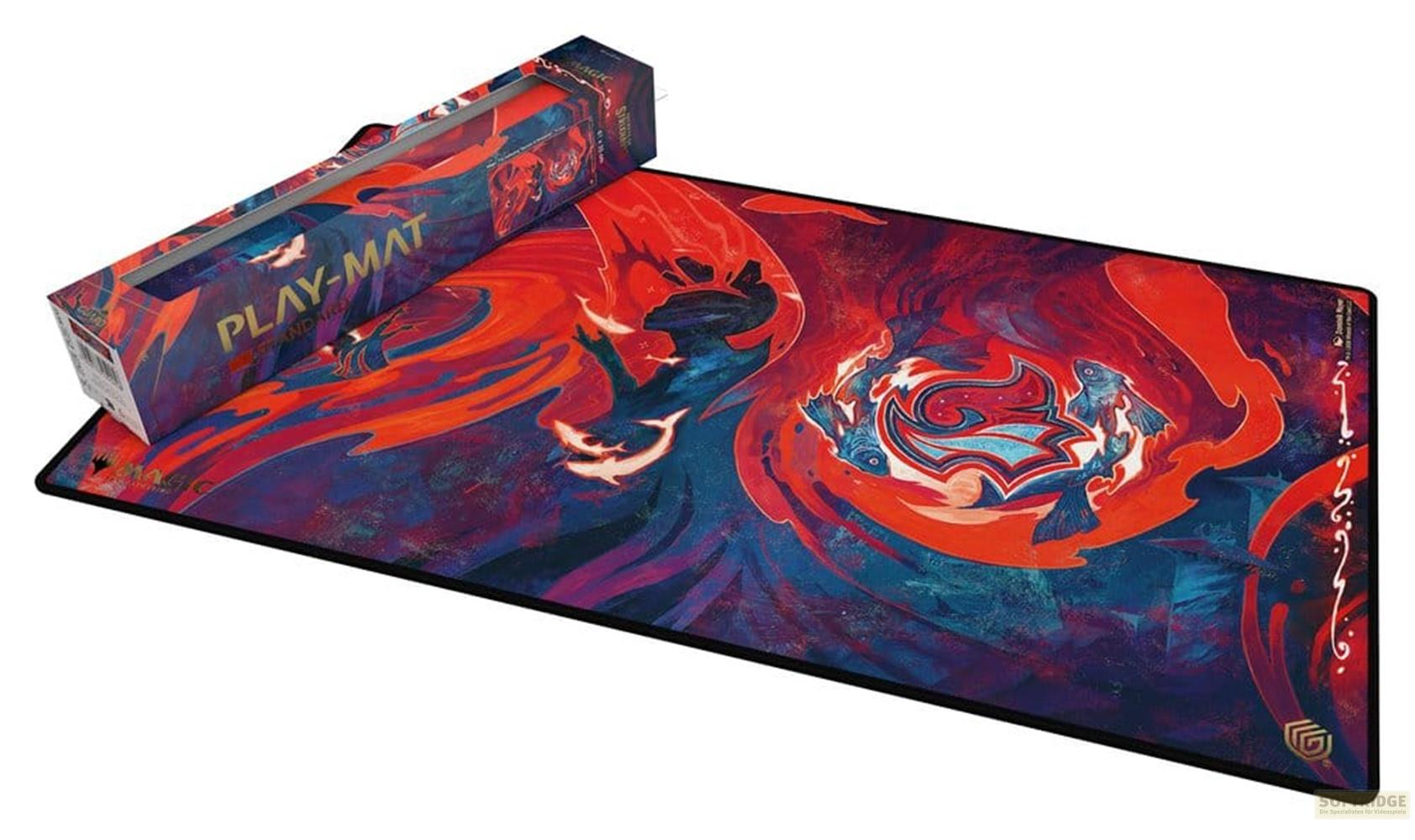 Spielmatte mit roten und blauen Fischdesigns, mit einer Spielmatten-Box.