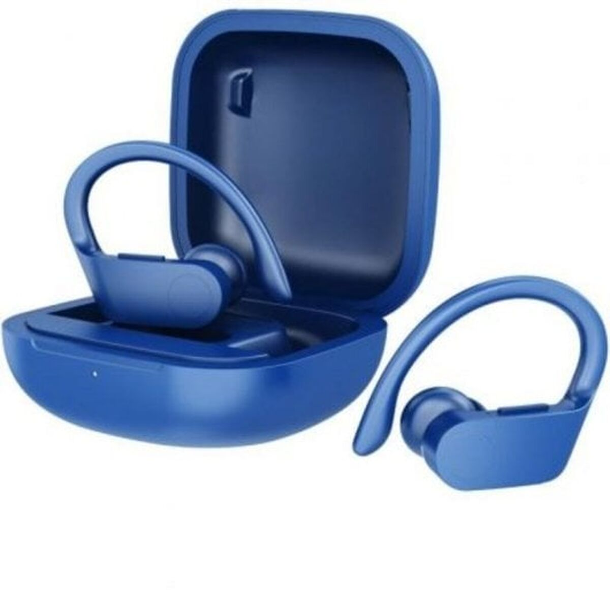 Una coppia blu di auricolari wireless con la loro custodia di ricarica.
