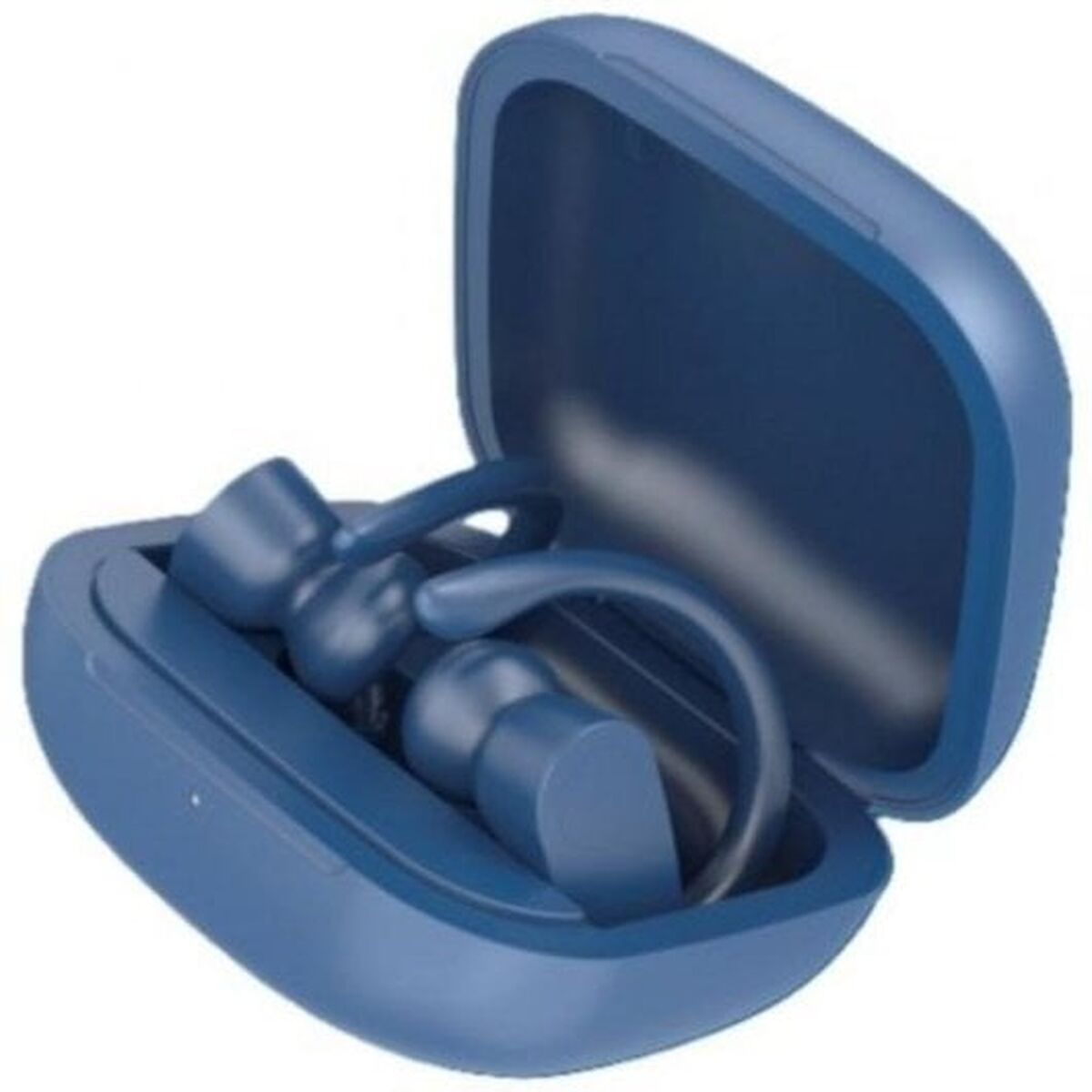 Auricolari wireless blu dentro una custodia di ricarica aperta.