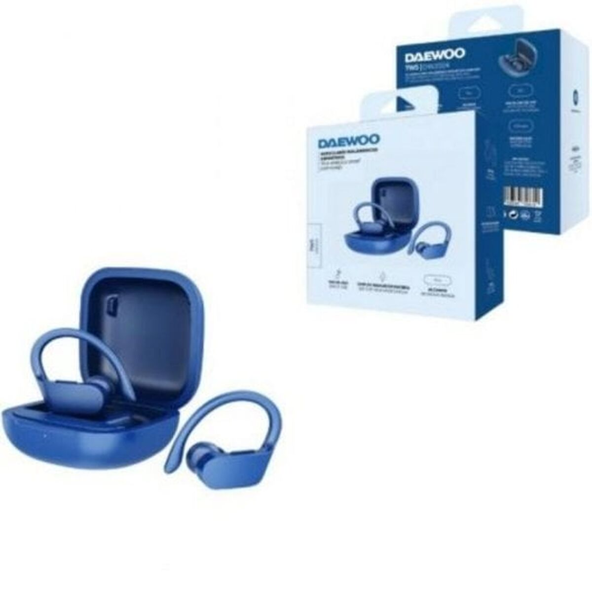 Auricolari Daewoo blu con custodia di ricarica e confezione.