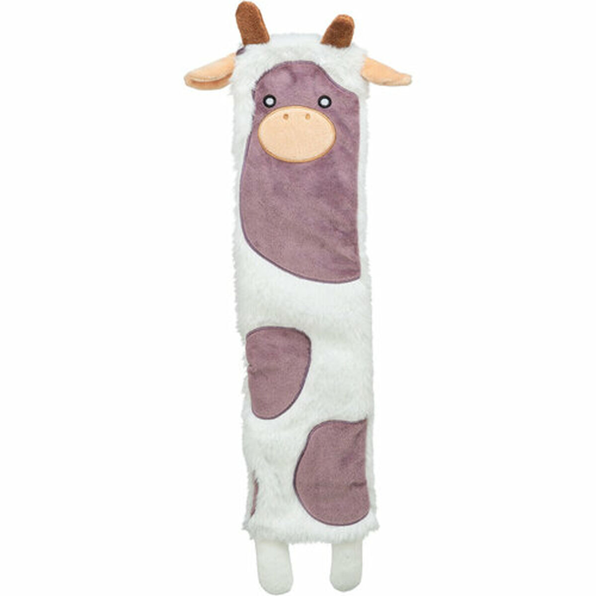 Un peluche con forma de vaca con manchas marrones sobre pelo blanco.