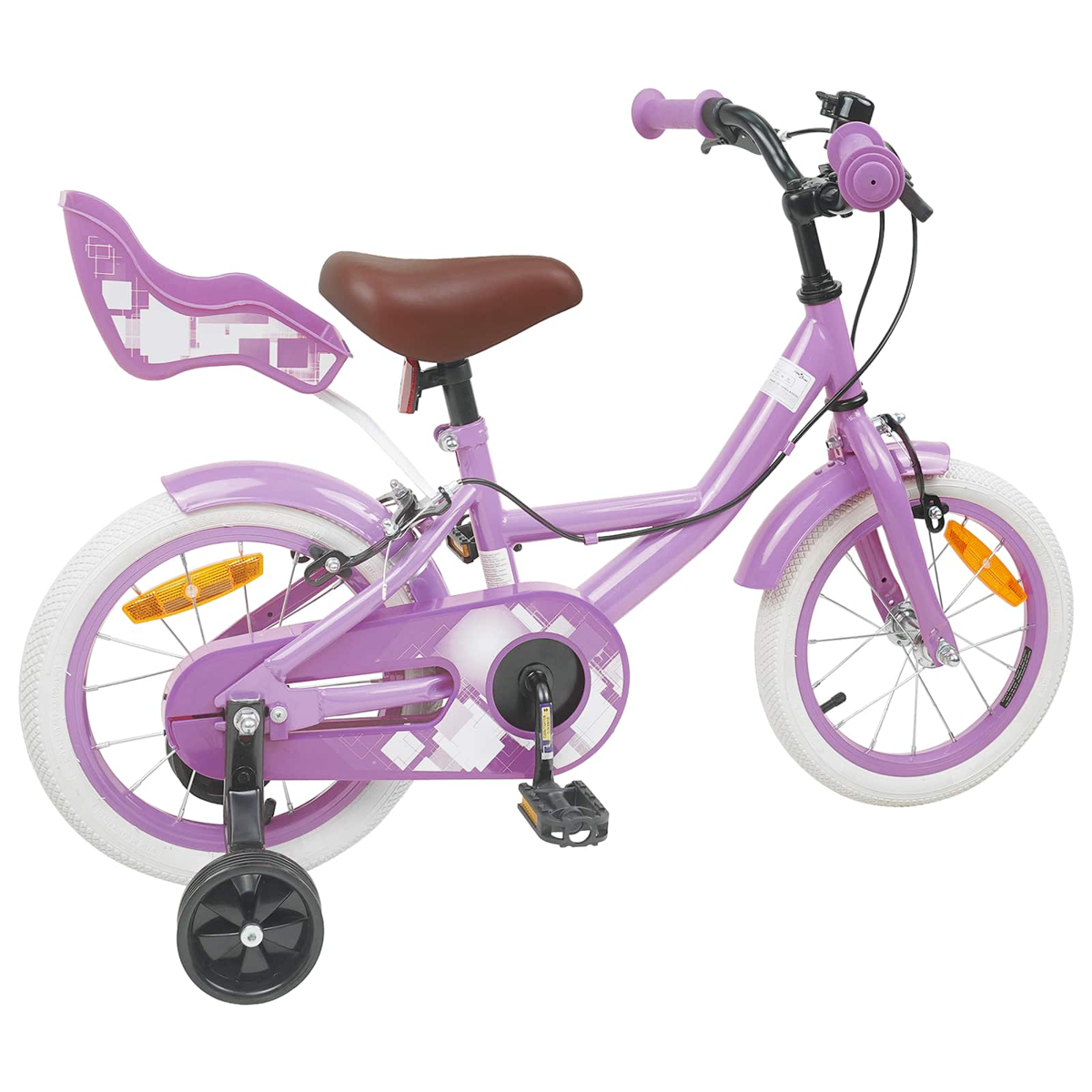 Lila Kinderfahrrad mit braunem Sattel, Stützrädern und Kindersitz.