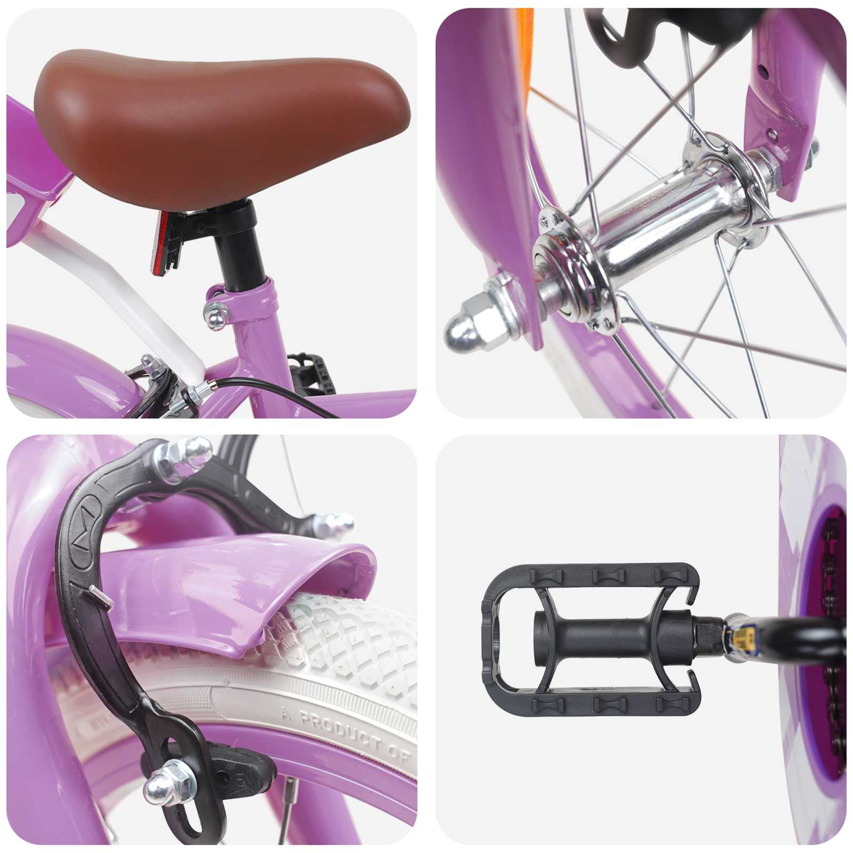 Details einer lila Kinderfahrrad: Sattel, Vorderradnabe, Bremse, Pedal.