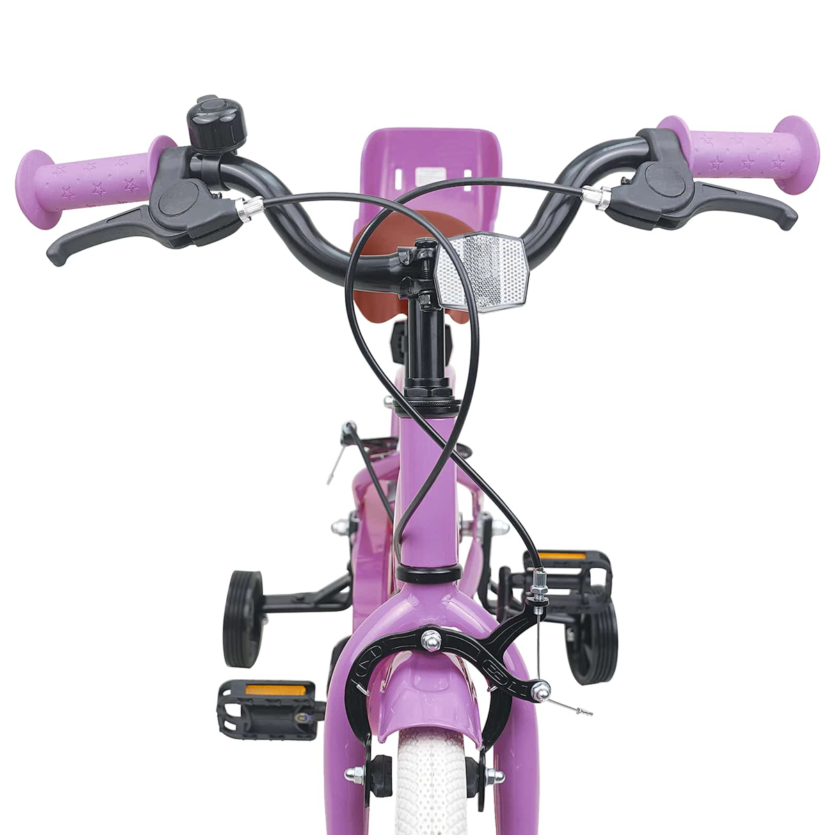 Lila Kinderfahrrad-Lenker mit Bremsen, Klingel und Stützrädern.