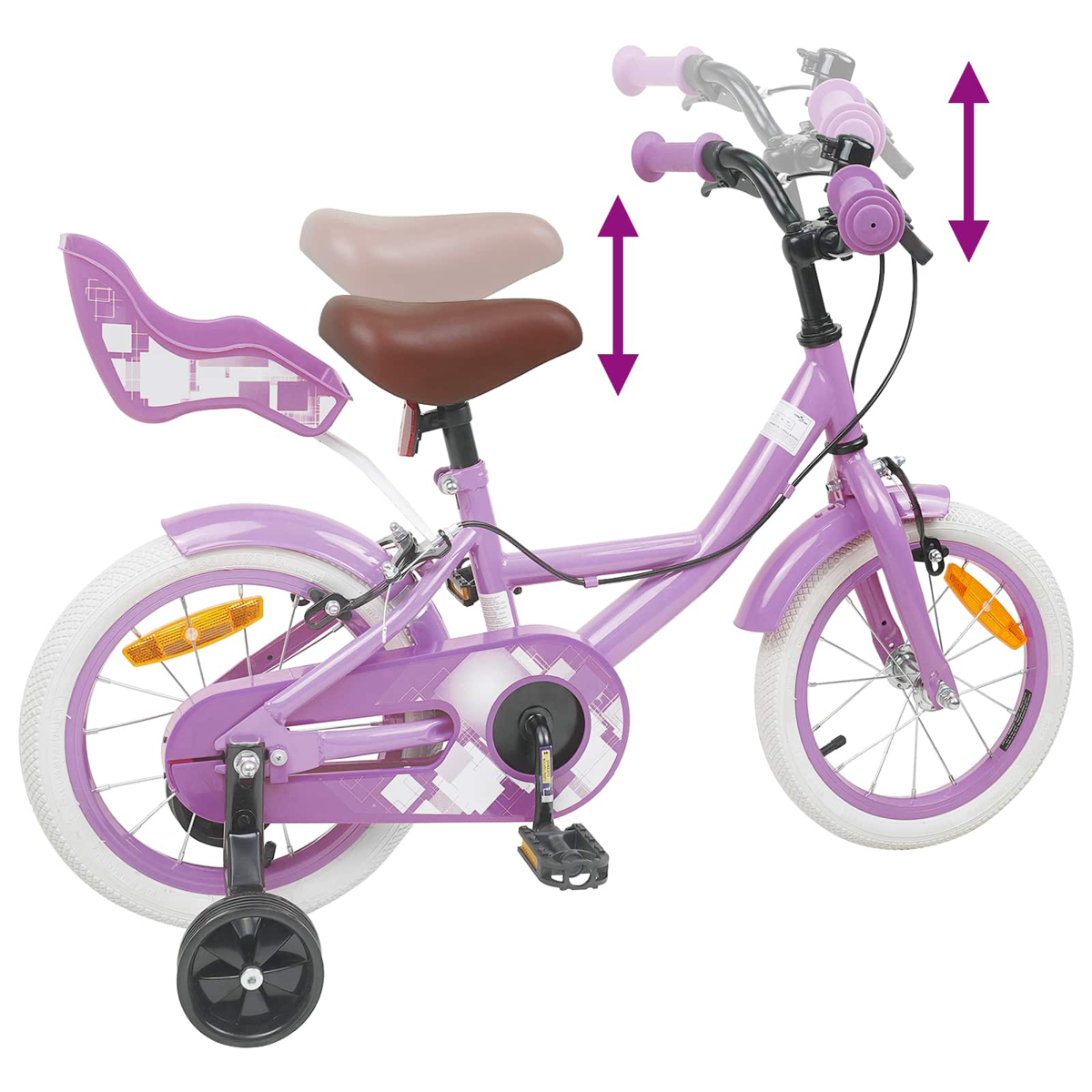 Lila Kinderfahrrad mit Stützrädern, verstellbarem Sattel und Lenker.