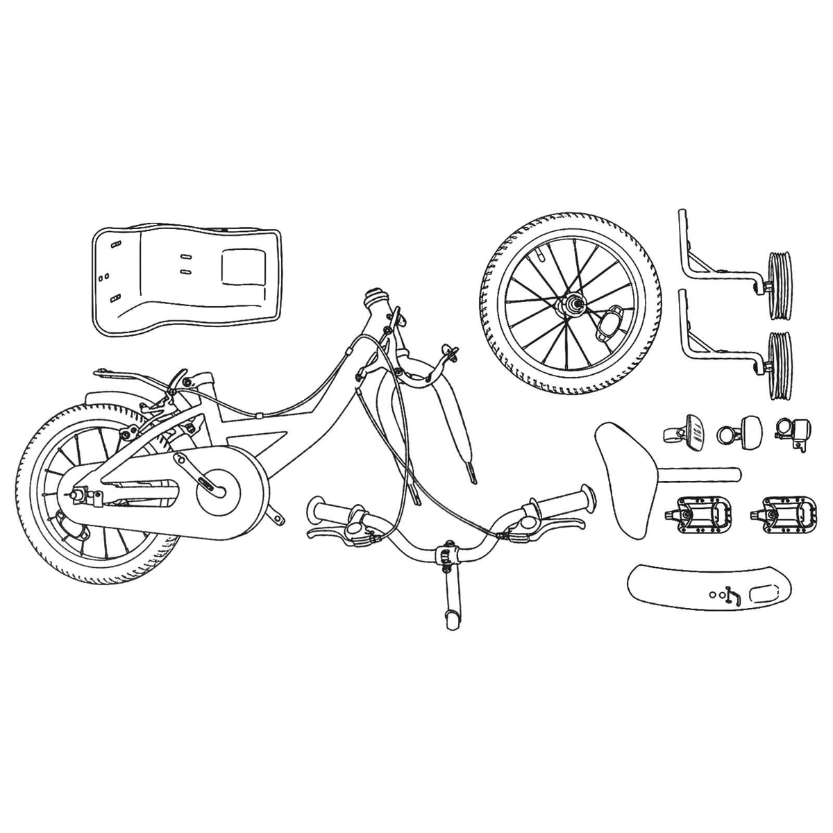 Draufsicht einer zerlegten Kinderfahrrad-Montageanleitung mit Rahmen, Rädern, Pedalen und Tasche.