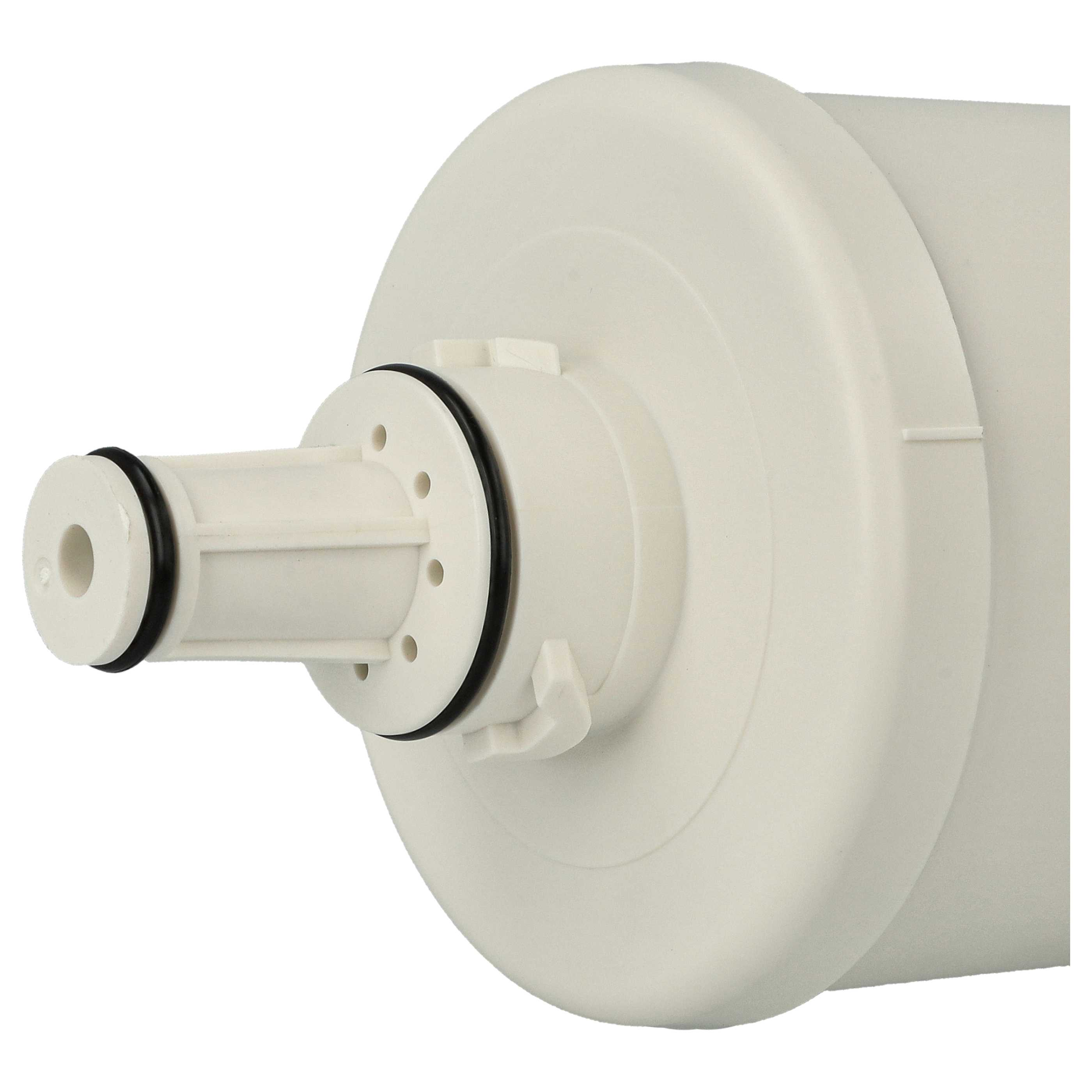 Ein weißer Wasserfilter mit schwarzem O-Ring und einem Anschlussstutzen.