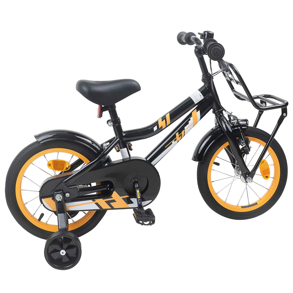 Ein schwarzes Kinderfahrrad mit gelben Felgen und Stützrädern.