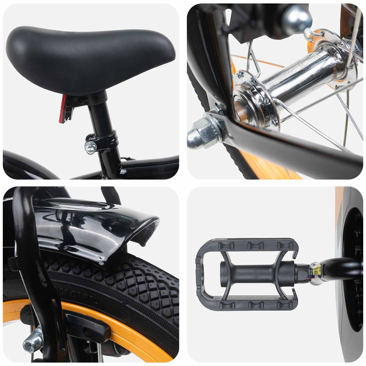 Detailansichten eines Fahrrads: Sattel, Nabe, Schutzblech und Pedal.