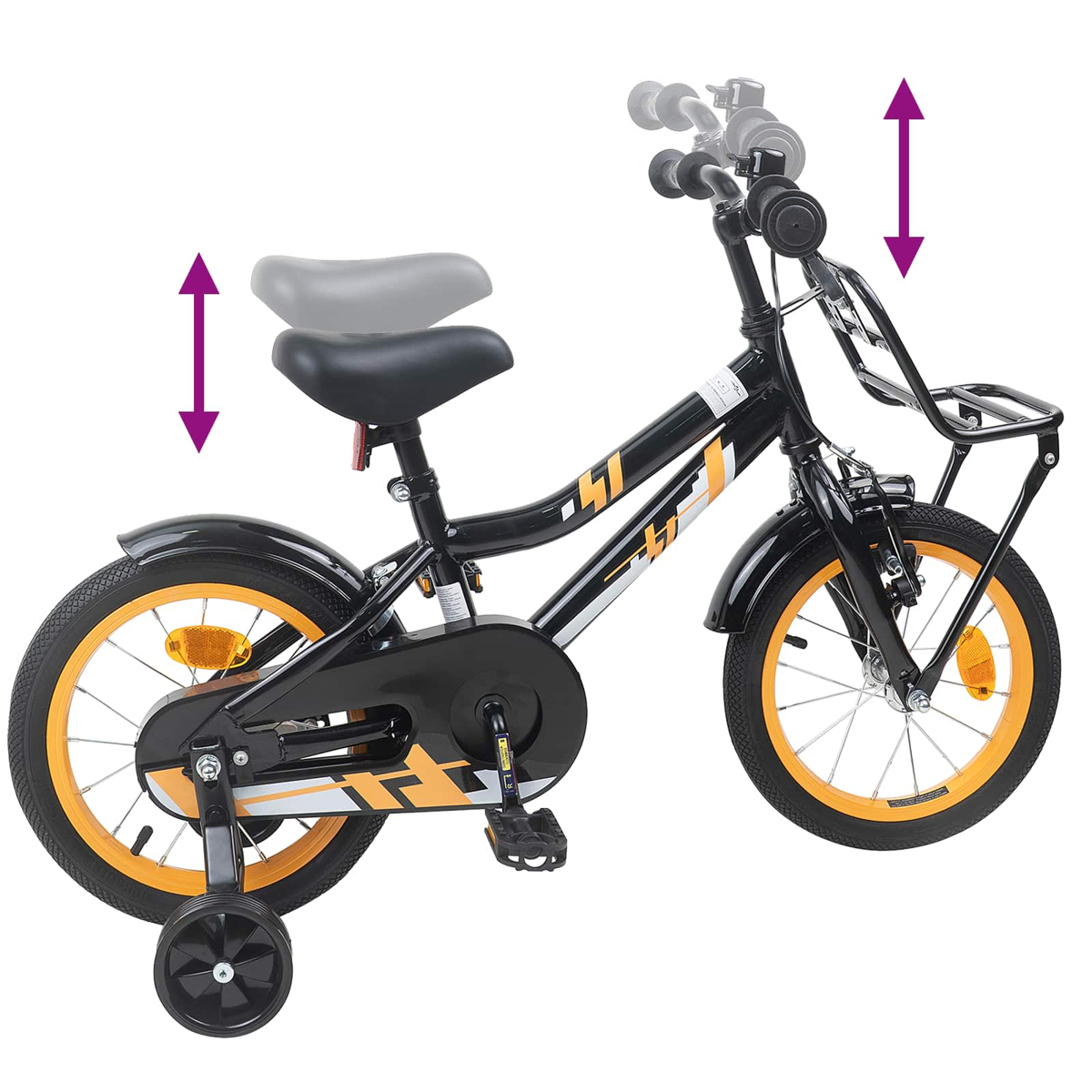 Schwarzes Kinderfahrrad mit orangen Felgen, Stützrädern und Korbe.