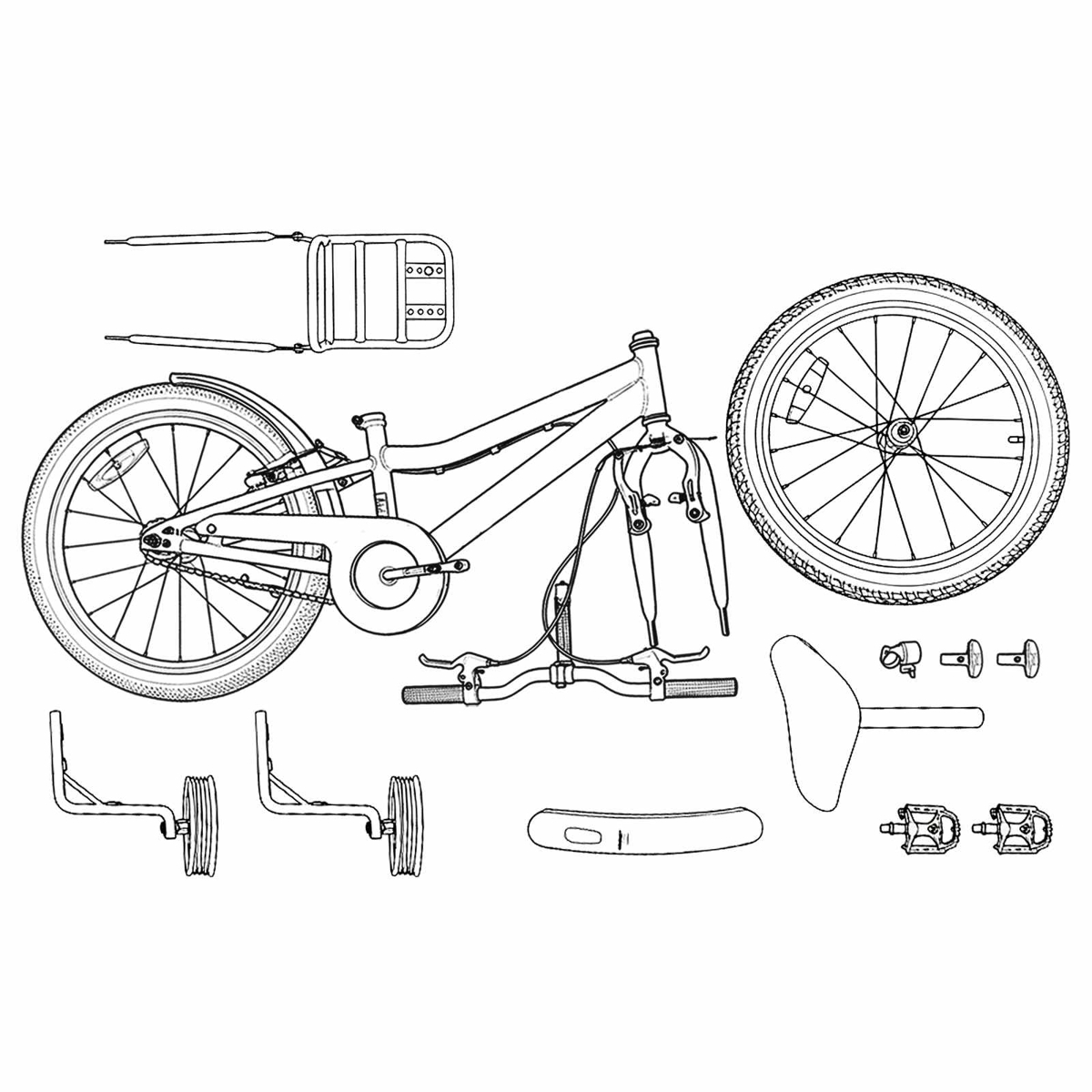 Zeichnung von Fahrradteilen: Rahmen, Räder, Pedale, Sattel, Lenker, Gepäckträger.