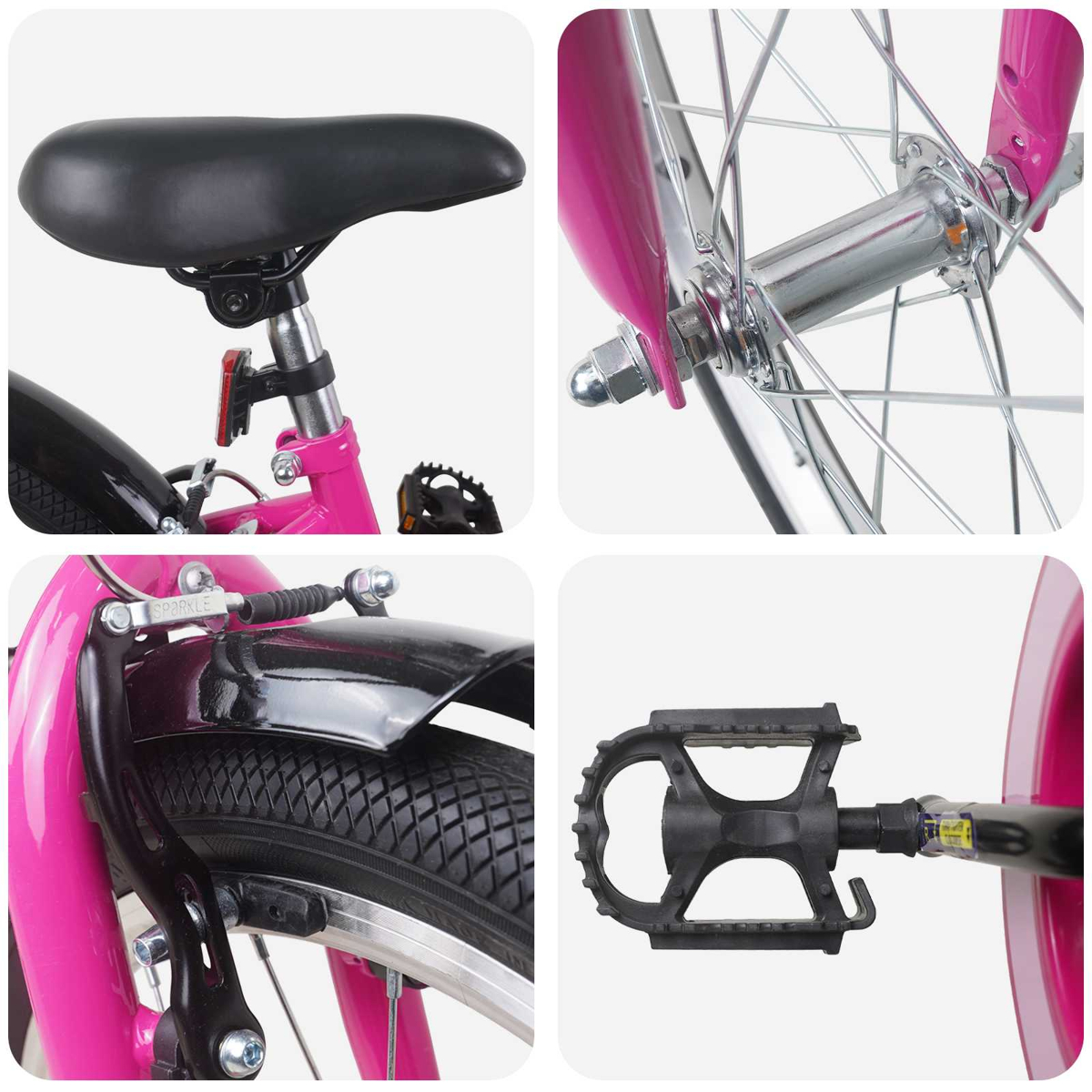 Nahaufnahme von Fahrradteilen: Sattel, Vorderradnabe, Bremse und Pedal.