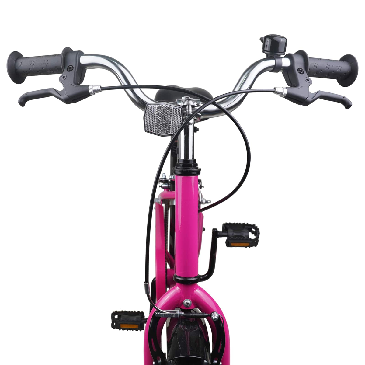 Ein pinkes Fahrrad mit silbernem Lenker, Griffen, Bremsen und Klingel.
