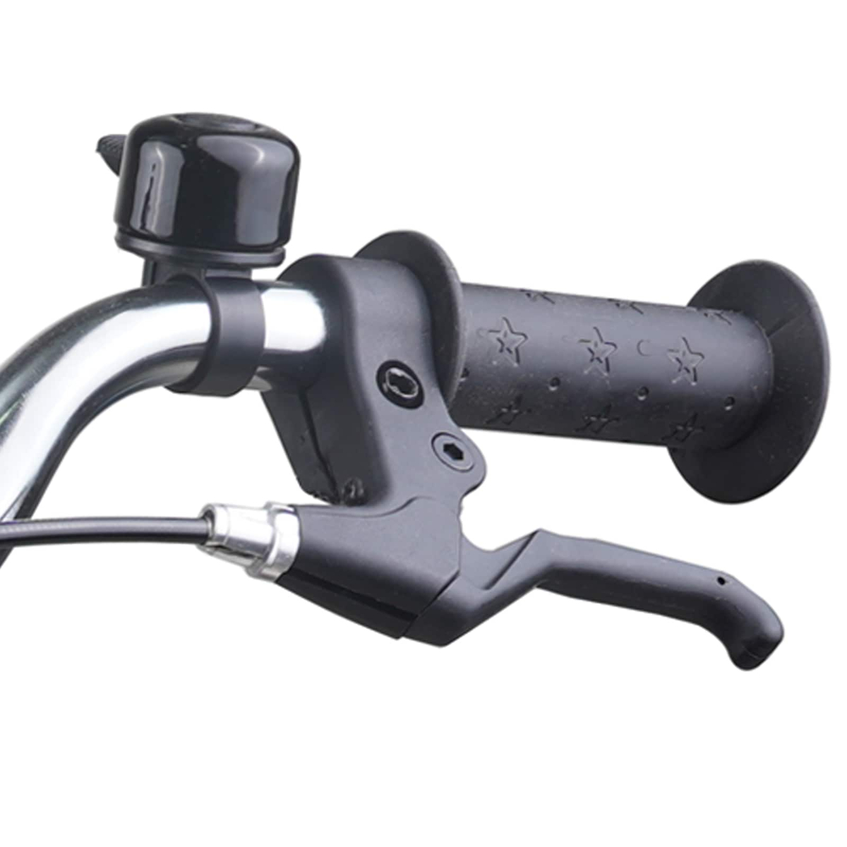 Schwarzer Fahrradgriff mit Sternenmuster, Bremshebel und Klingel.
