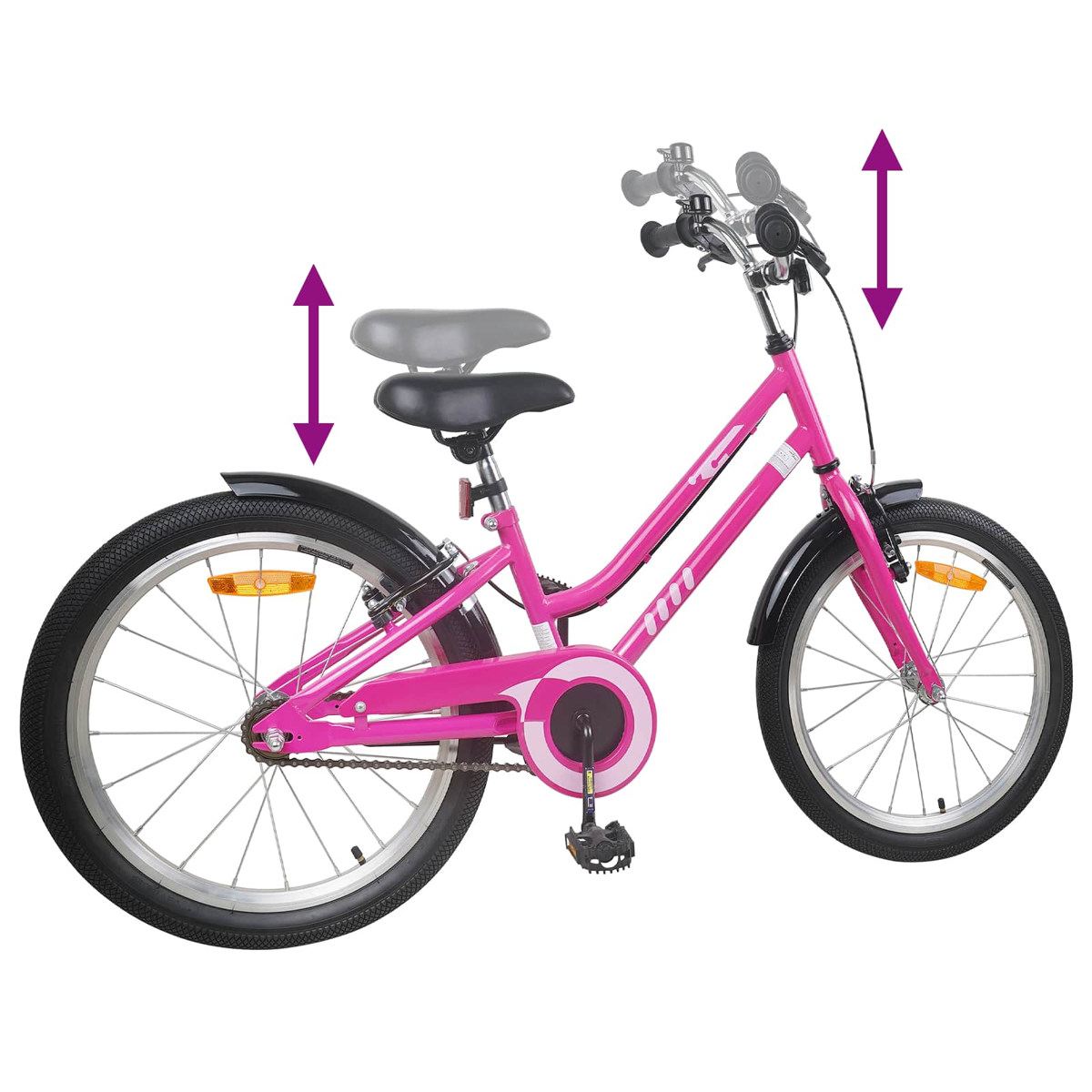 Pinkes Fahrrad mit verstellbarem Sattel und Lenker, auf weißem Grund.
