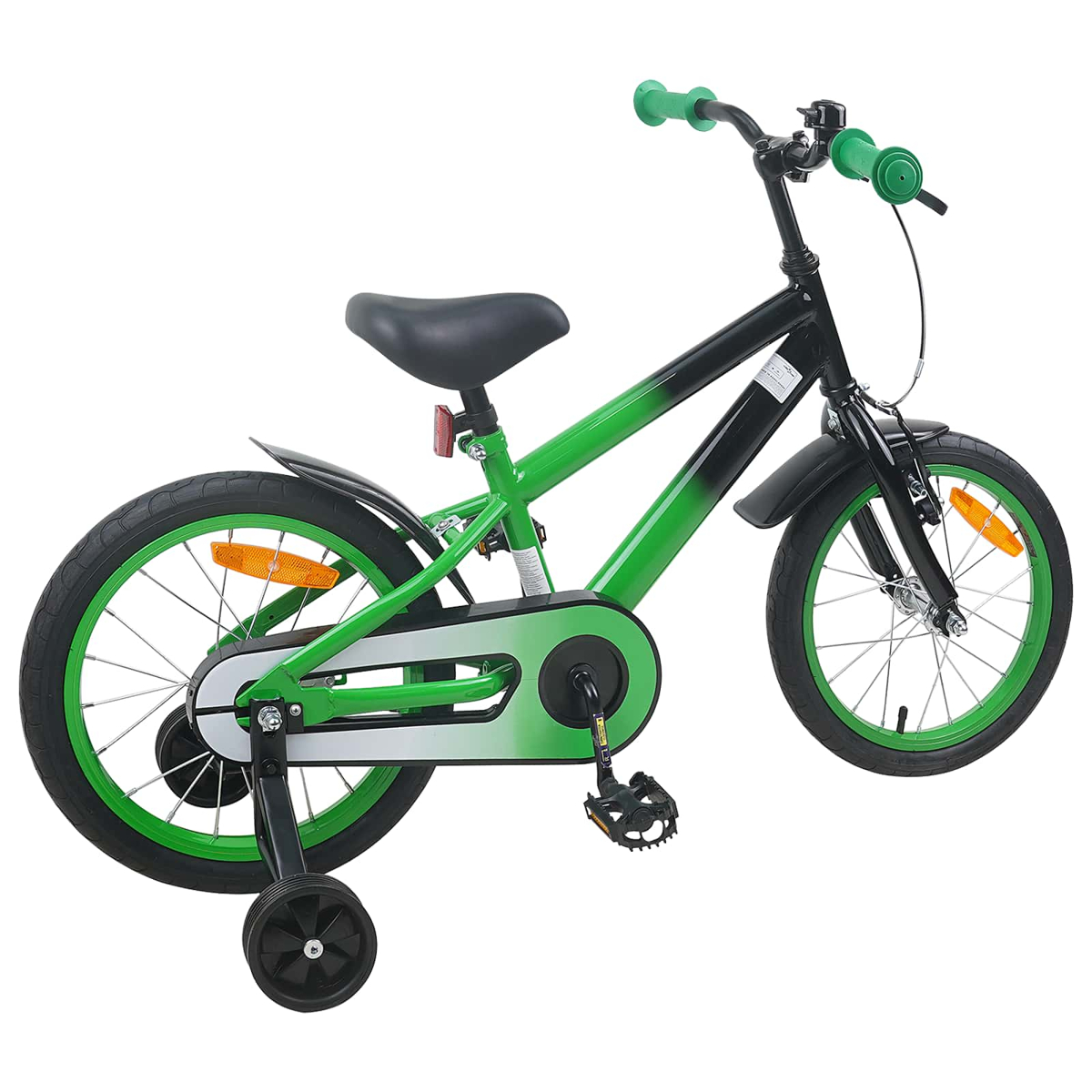 Grünes und schwarzes Kinderfahrrad mit Stützrädern und Klingel.